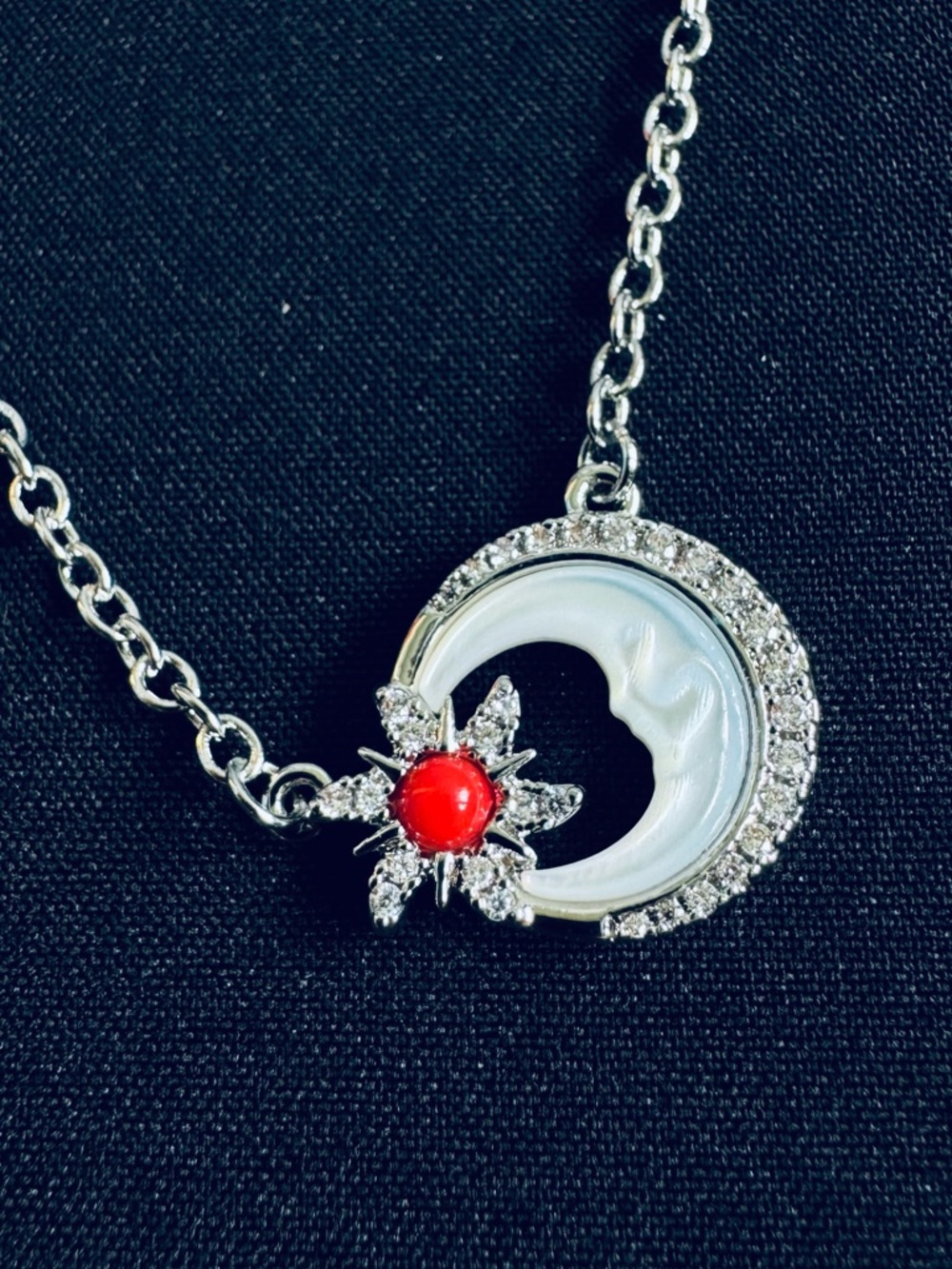 Silver Crescent Moon Pendant Necklace with Red Sun Accent - Women Jewelry